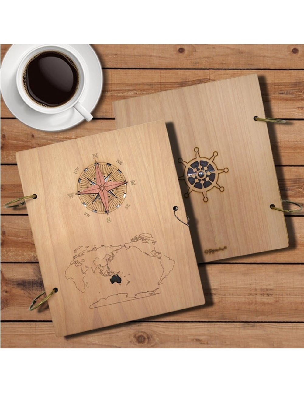 Wooden nautical map picture book holds 120 photos 4x6
